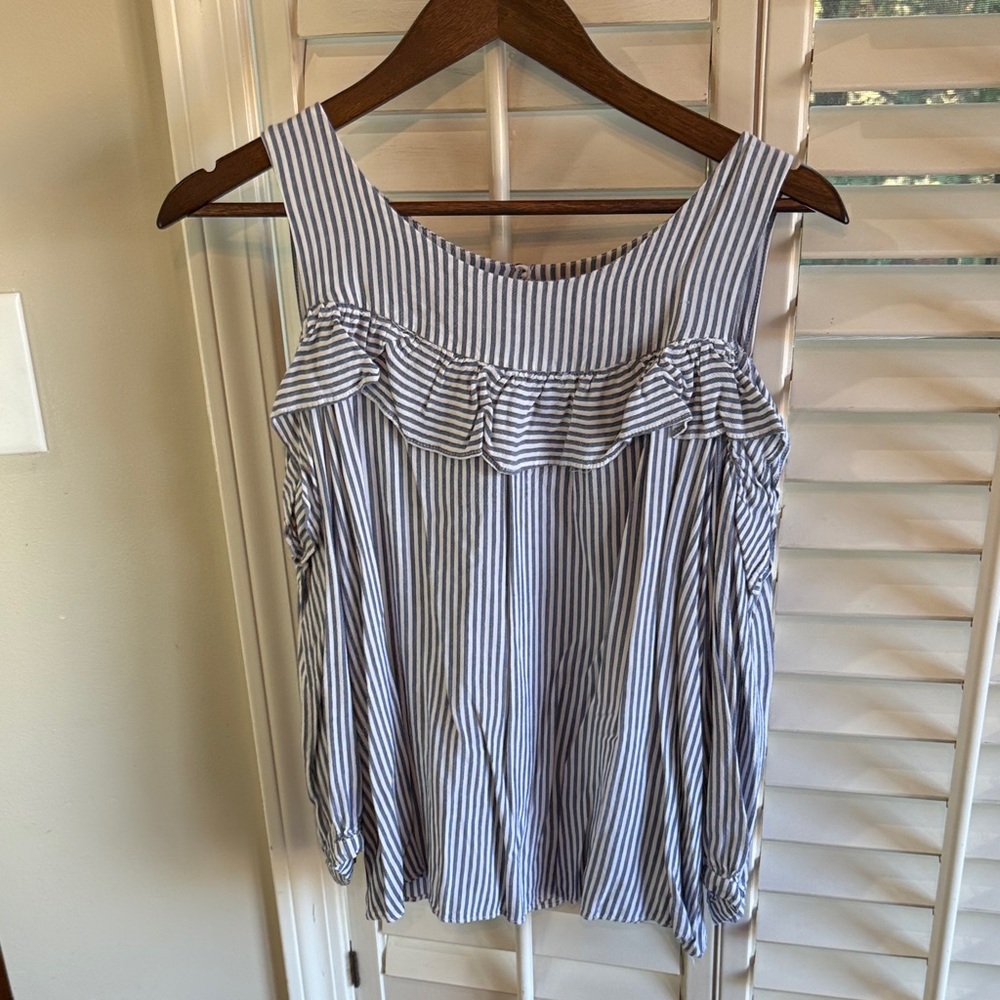 Entro Blue and White Striped Ruffle Cold Shoulder Blouse